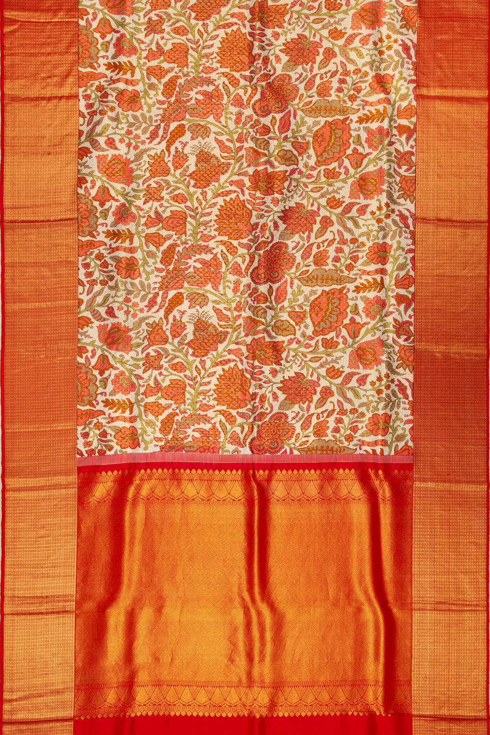 Kanchipuram Silk Floral Printed Cream Saree