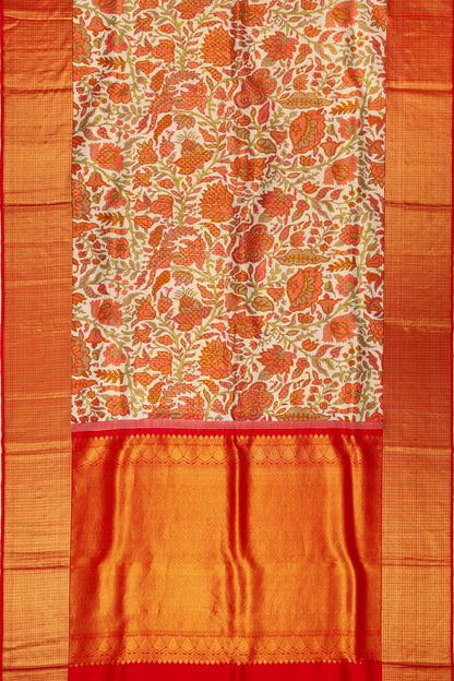 Kanchipuram Silk Floral Printed Cream Saree