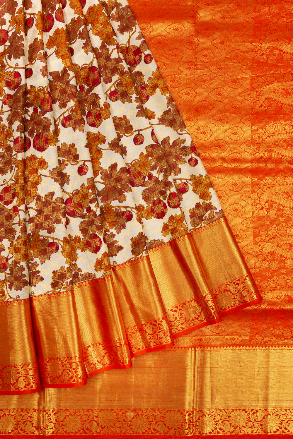 Kanchipuram Silk Floral Printed Cream Saree