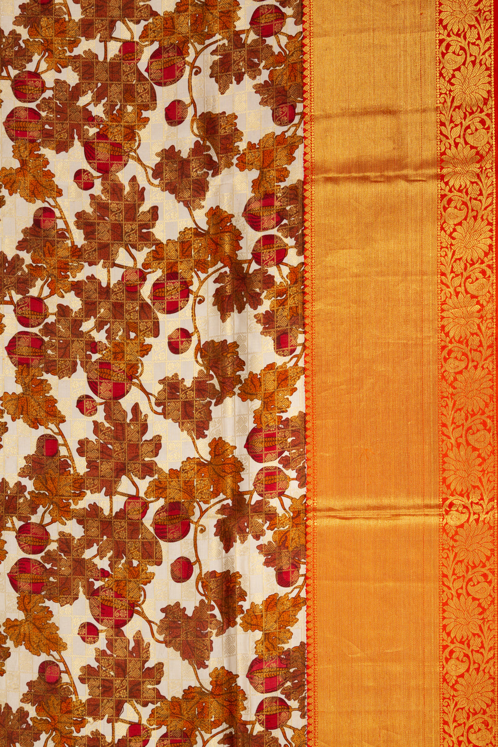 Kanchipuram Silk Floral Printed Cream Saree
