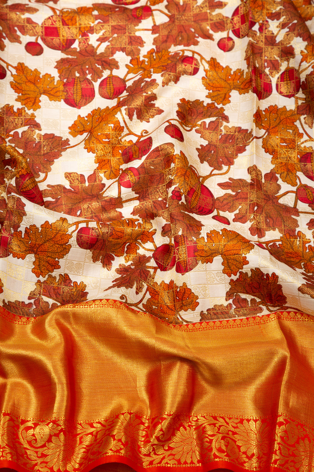 Kanchipuram Silk Floral Printed Cream Saree