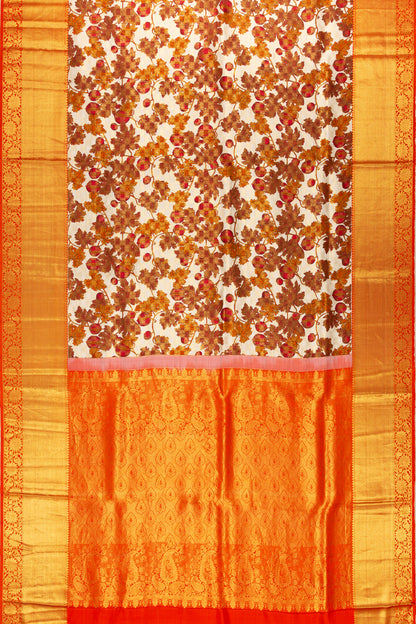 Kanchipuram Silk Floral Printed Cream Saree