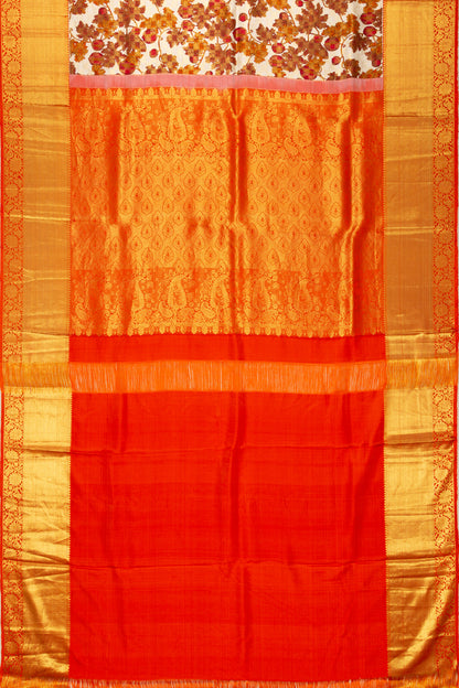 Kanchipuram Silk Floral Printed Cream Saree