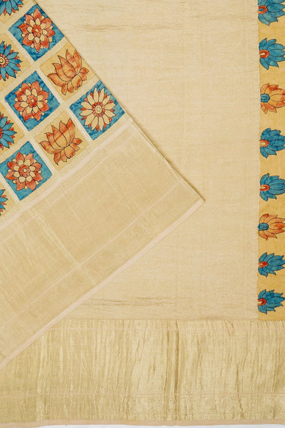 Kanchipuram Silk Handpainted Kalamkari And Checks Cream Sare