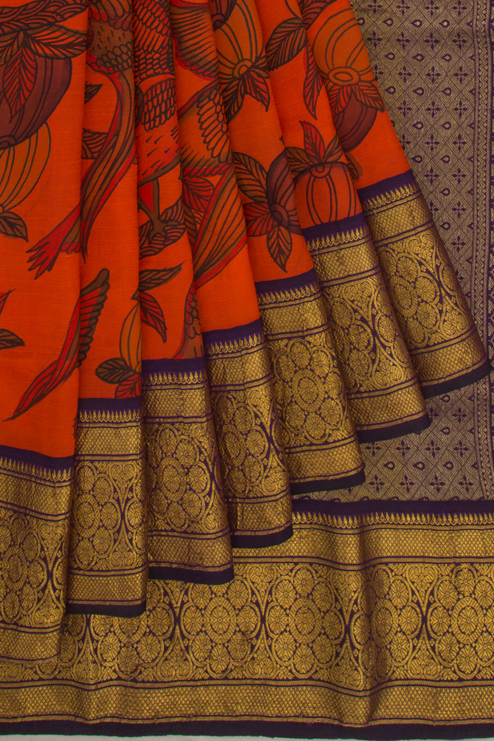 Kanchipuram Silk Kalamkari Orange Saree