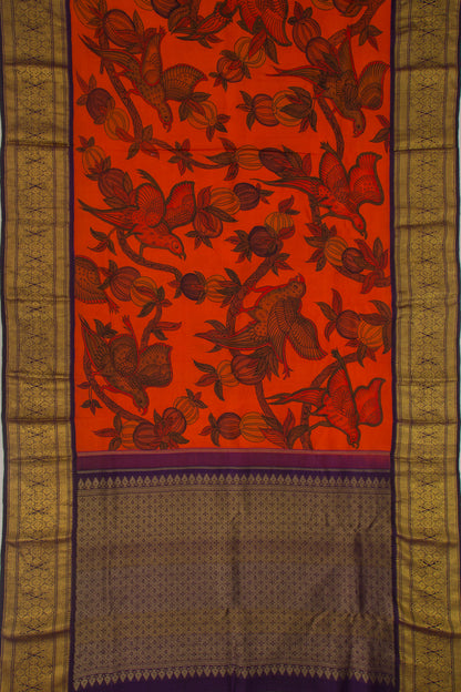 Kanchipuram Silk Kalamkari Orange Saree