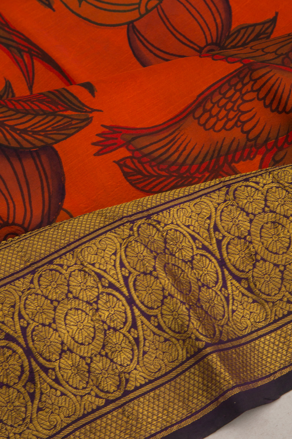 Kanchipuram Silk Kalamkari Orange Saree