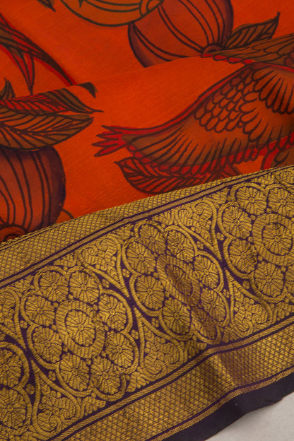 Kanchipuram Silk Kalamkari Orange Saree