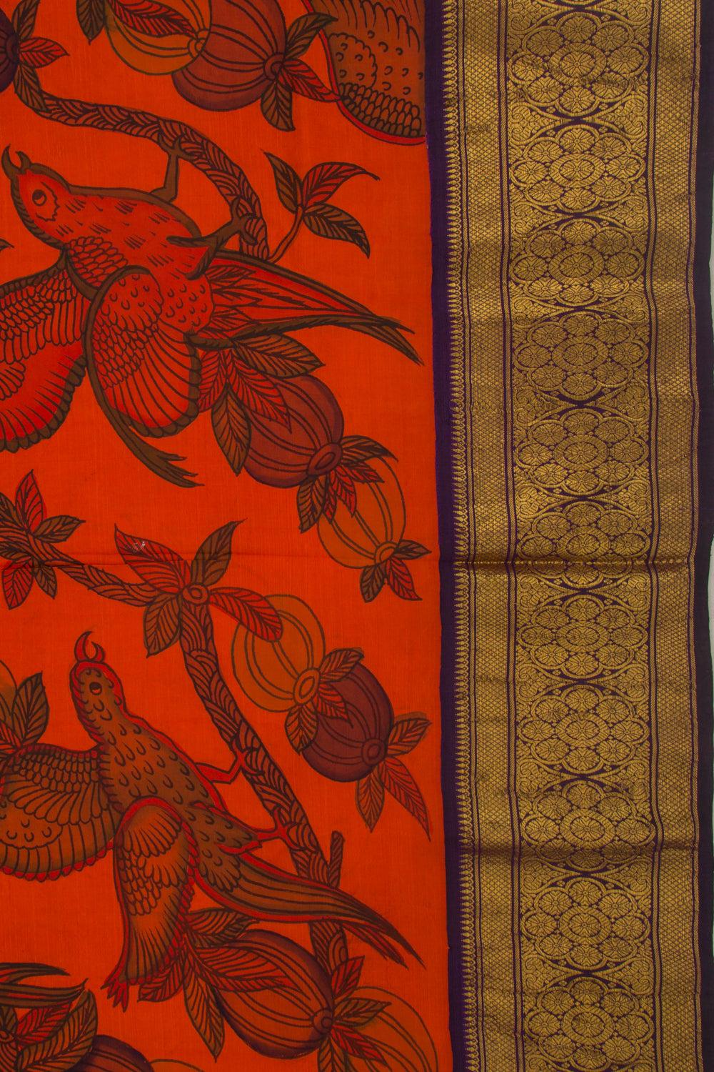 Kanchipuram Silk Kalamkari Orange Saree