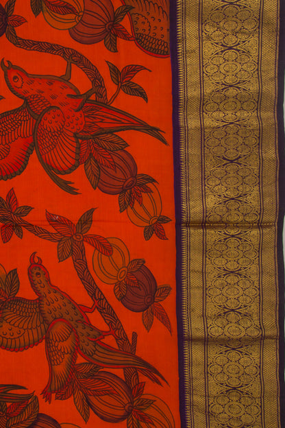 Kanchipuram Silk Kalamkari Orange Saree
