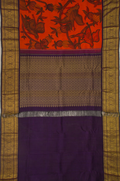 Kanchipuram Silk Kalamkari Orange Saree
