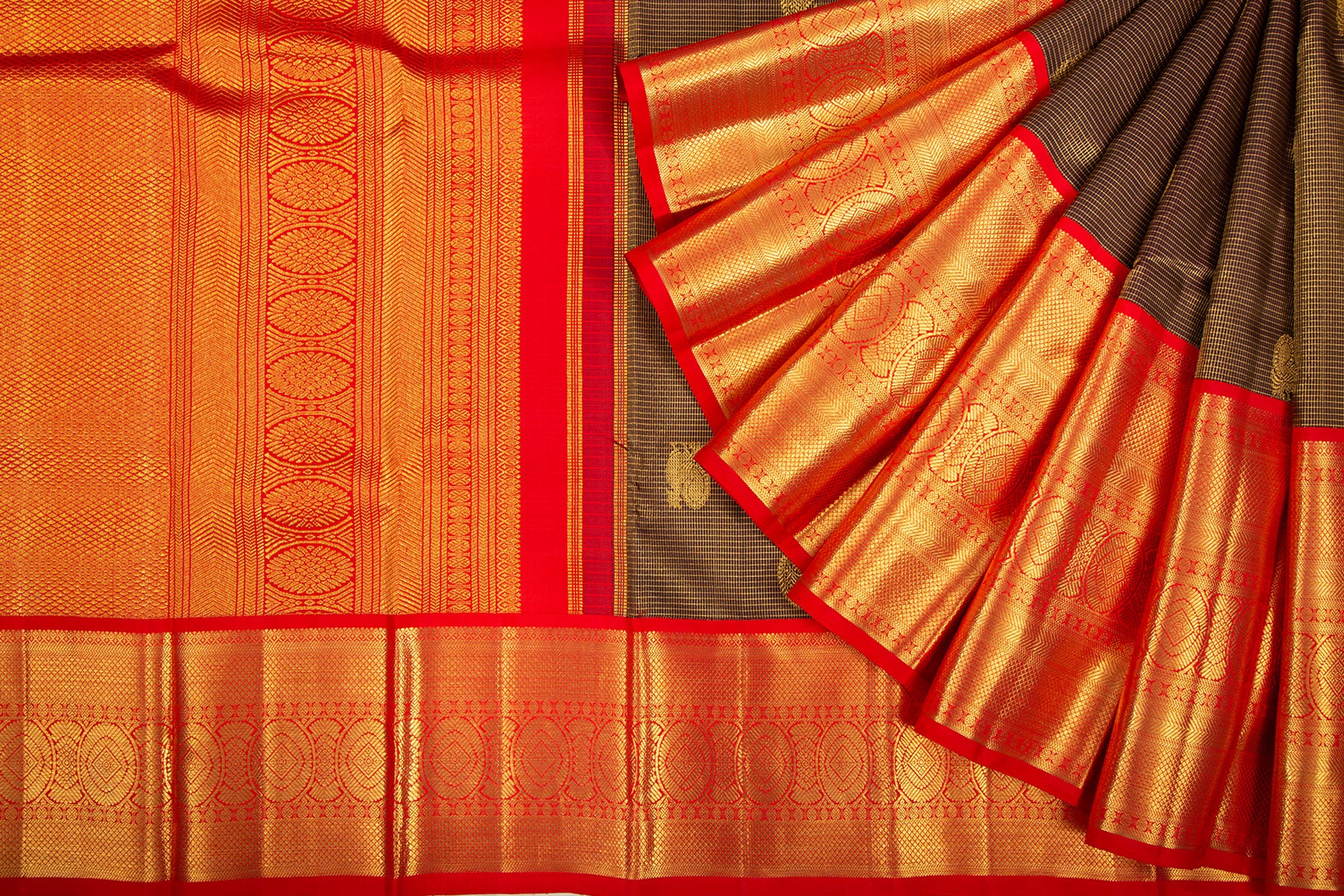 Kanchipuram Silk Checks and Butta Brown Saree