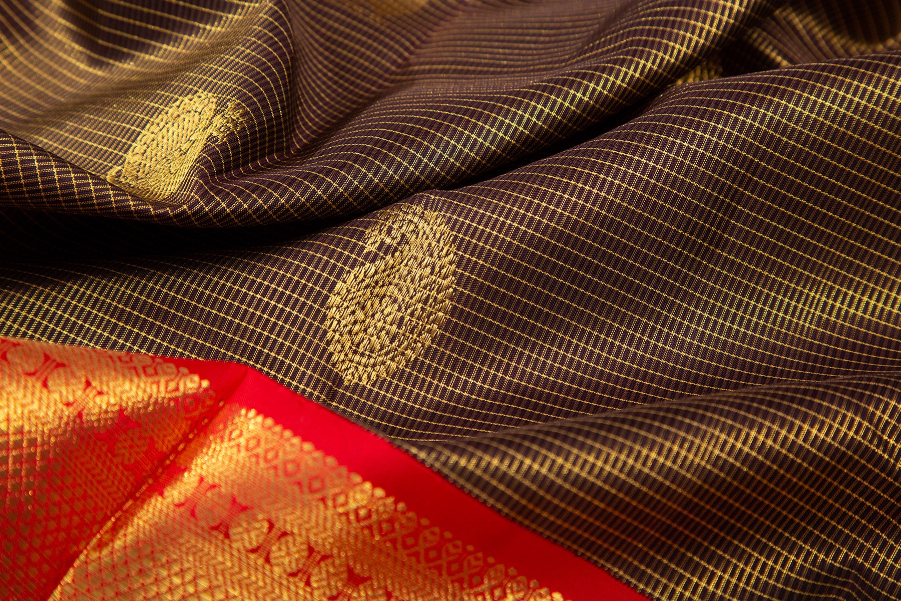 Kanchipuram Silk Checks and Butta Brown Saree