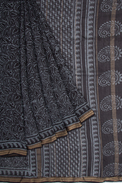 Handspun Cotton Block Printed Grey Saree
