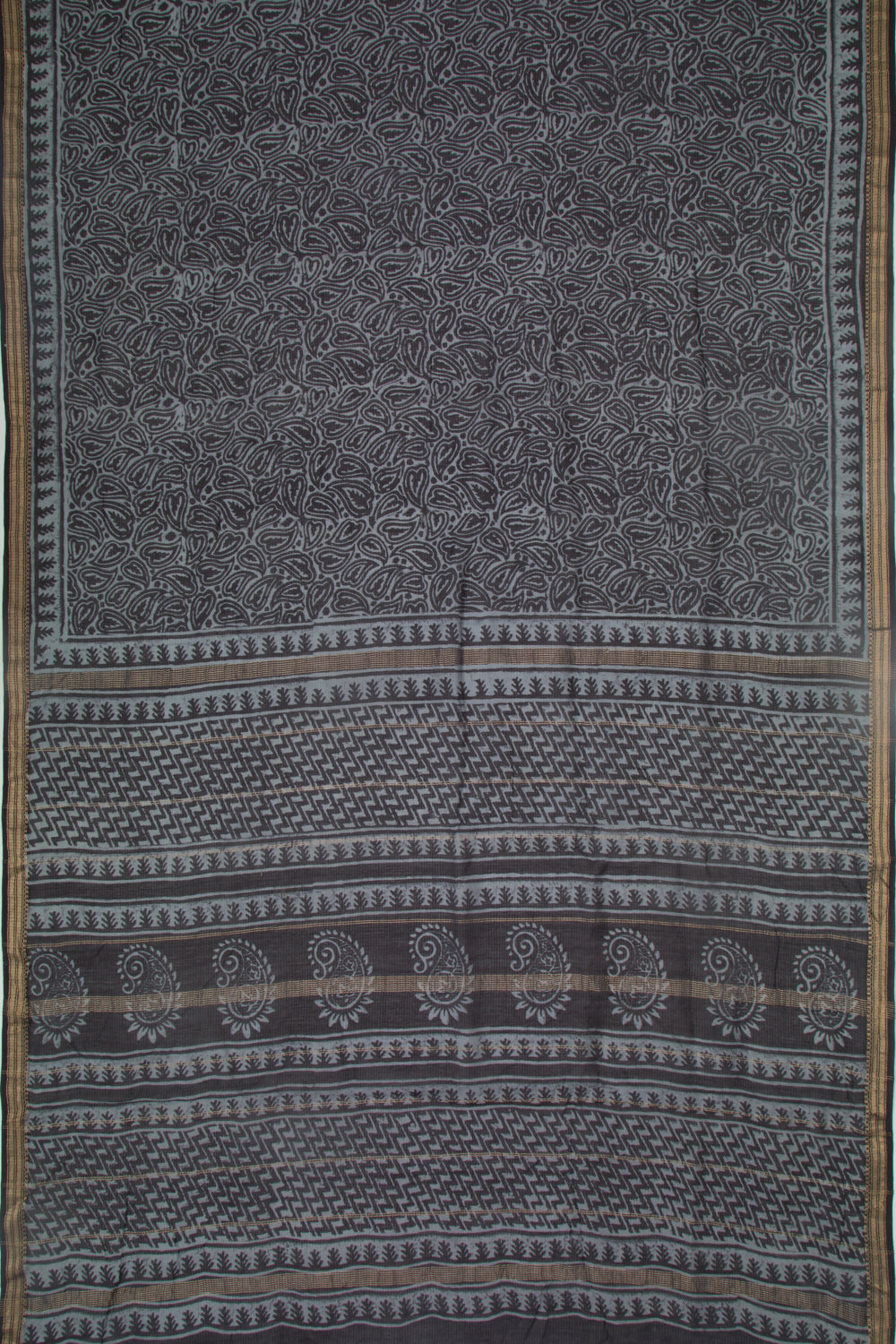 Handspun Cotton Block Printed Grey Saree