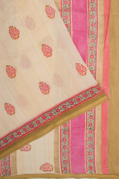 Handspun Cotton Floral Printed Cream Saree