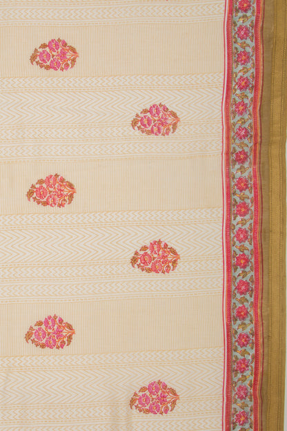 Handspun Cotton Floral Printed Cream Saree