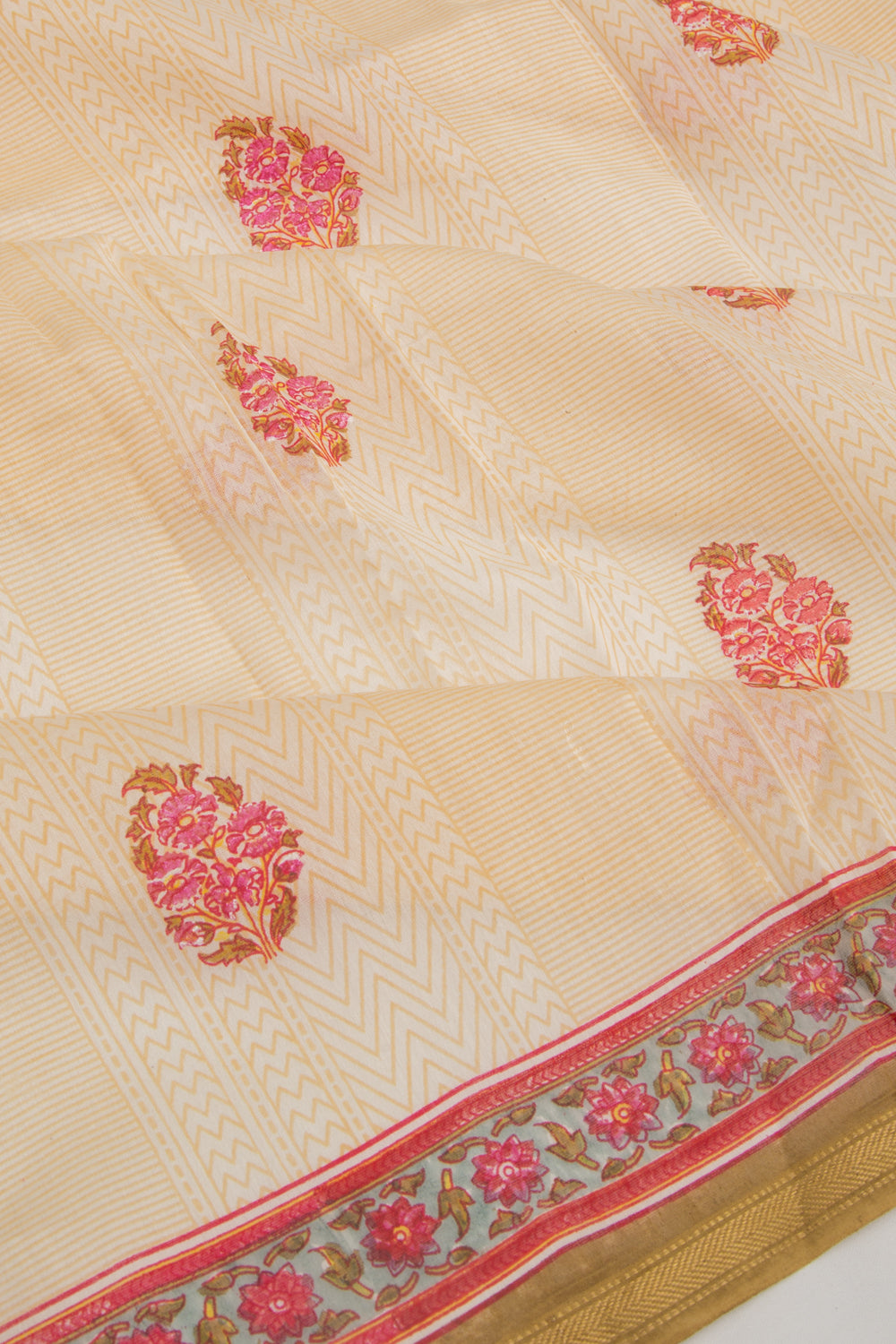 Handspun Cotton Floral Printed Cream Saree