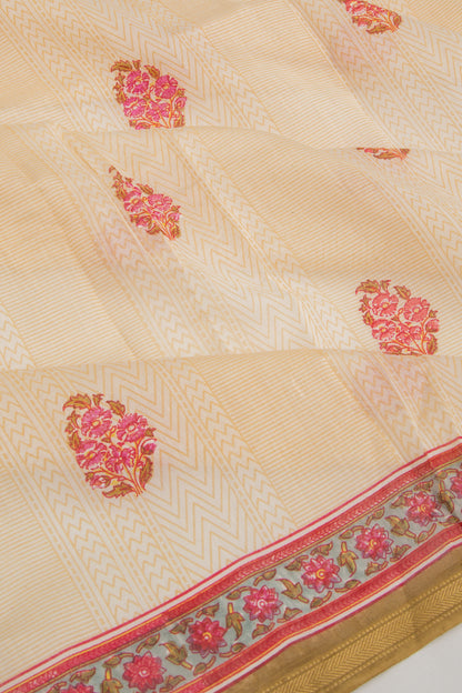 Handspun Cotton Floral Printed Cream Saree
