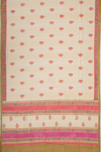 Handspun Cotton Floral Printed Cream Saree