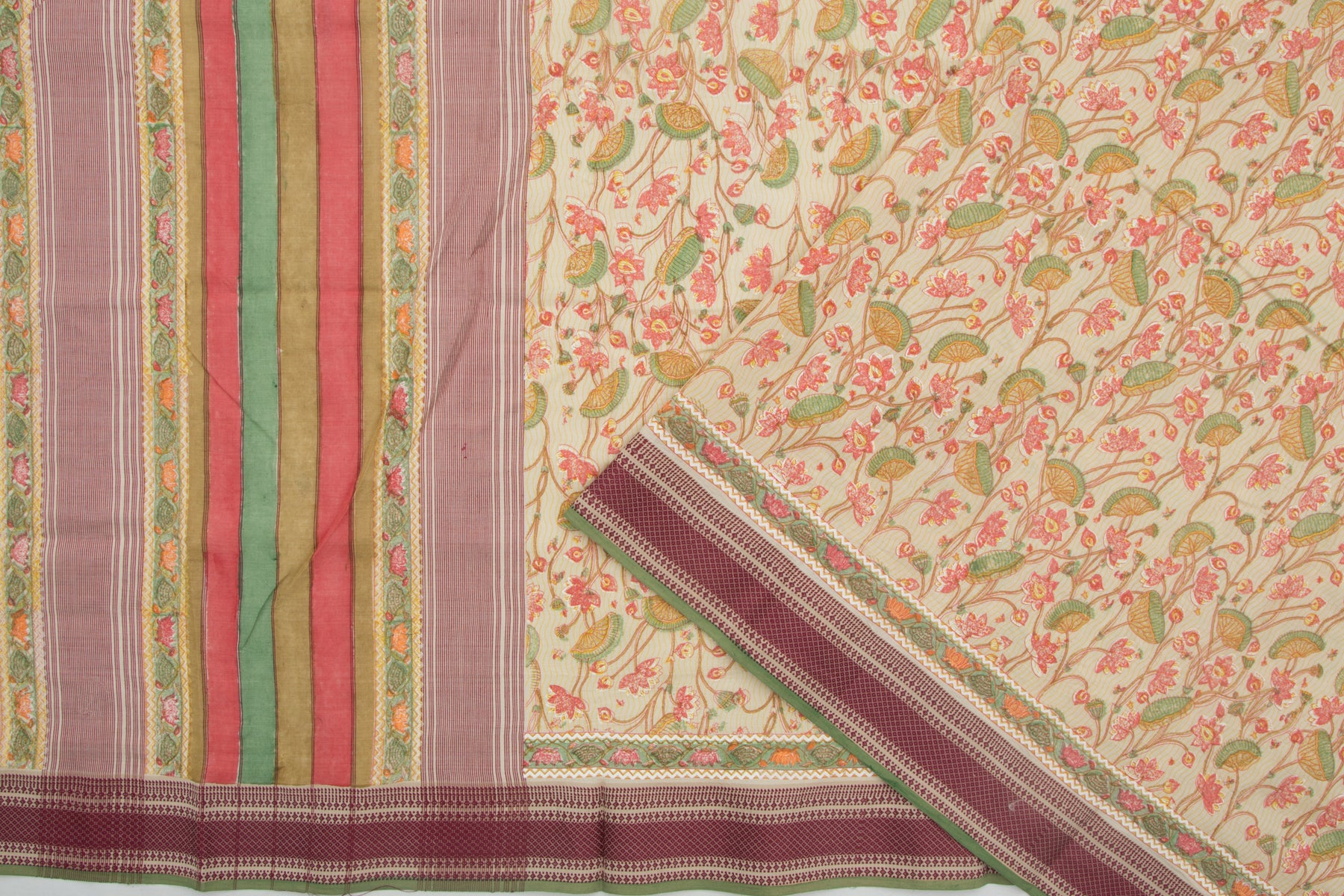 Maheshwari Cotton Floral Printed Beige Saree