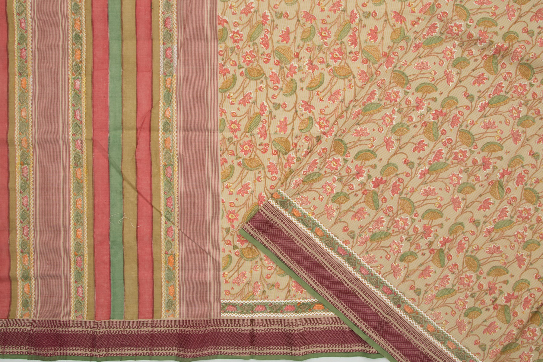 Maheshwari Cotton Floral Printed Beige Saree
