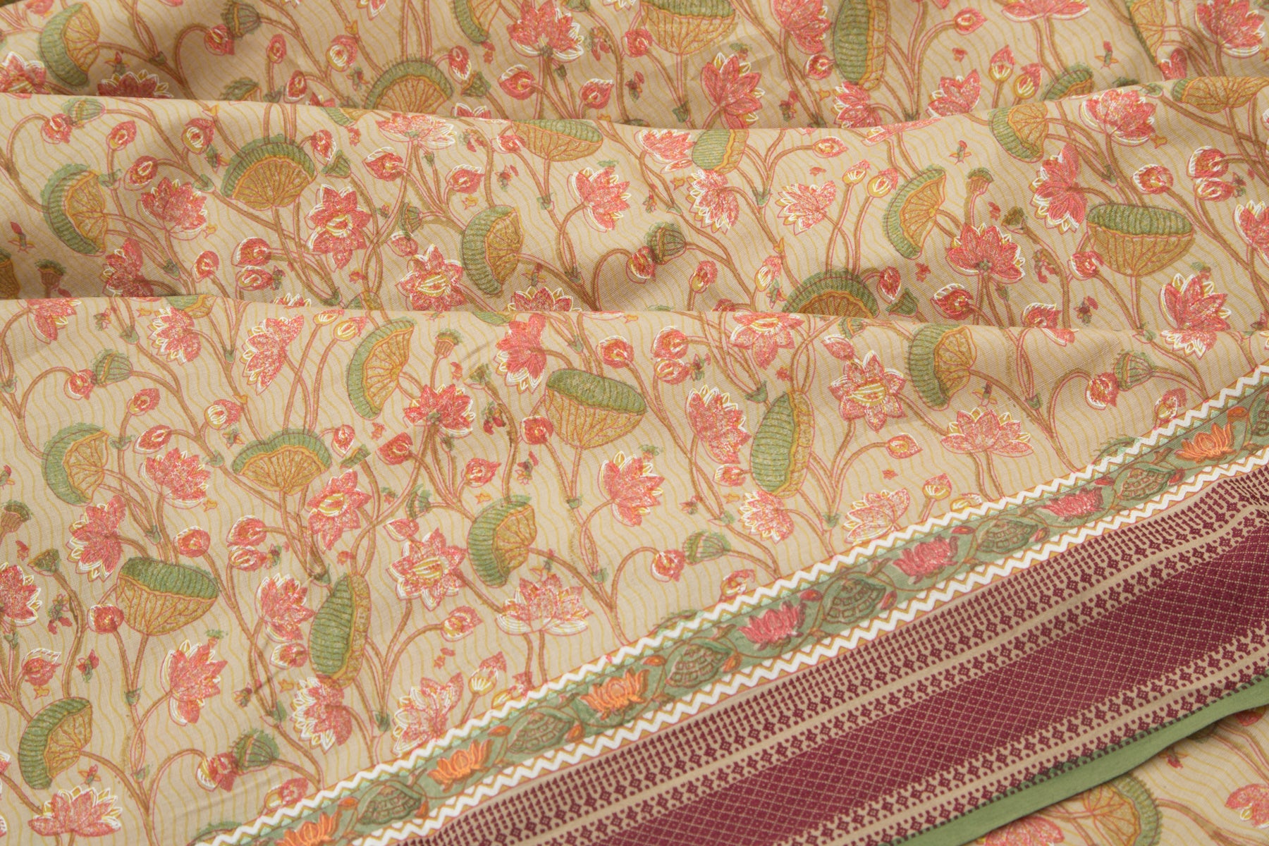 Maheshwari Cotton Floral Printed Beige Saree