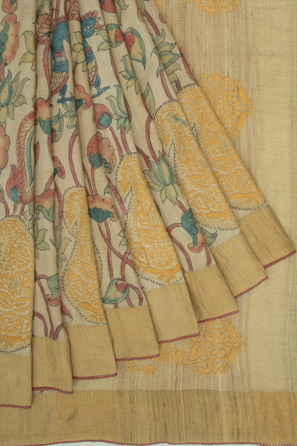 Bhagalpuri Tussar Kalamkari With Chikankari Cream Saree