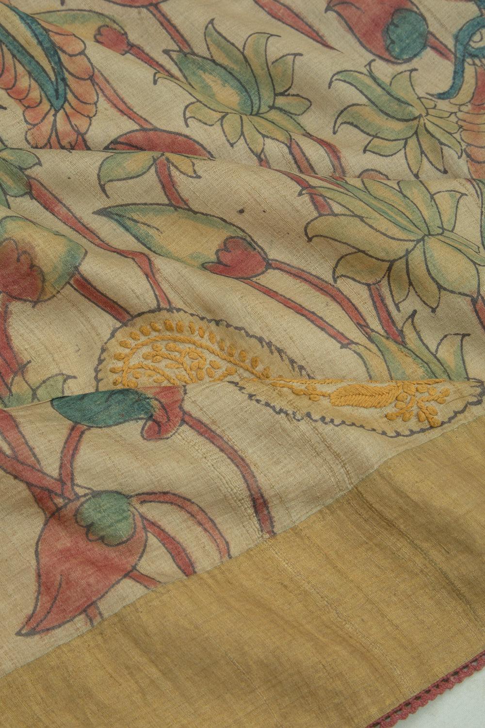 Bhagalpuri Tussar Kalamkari With Chikankari Cream Saree