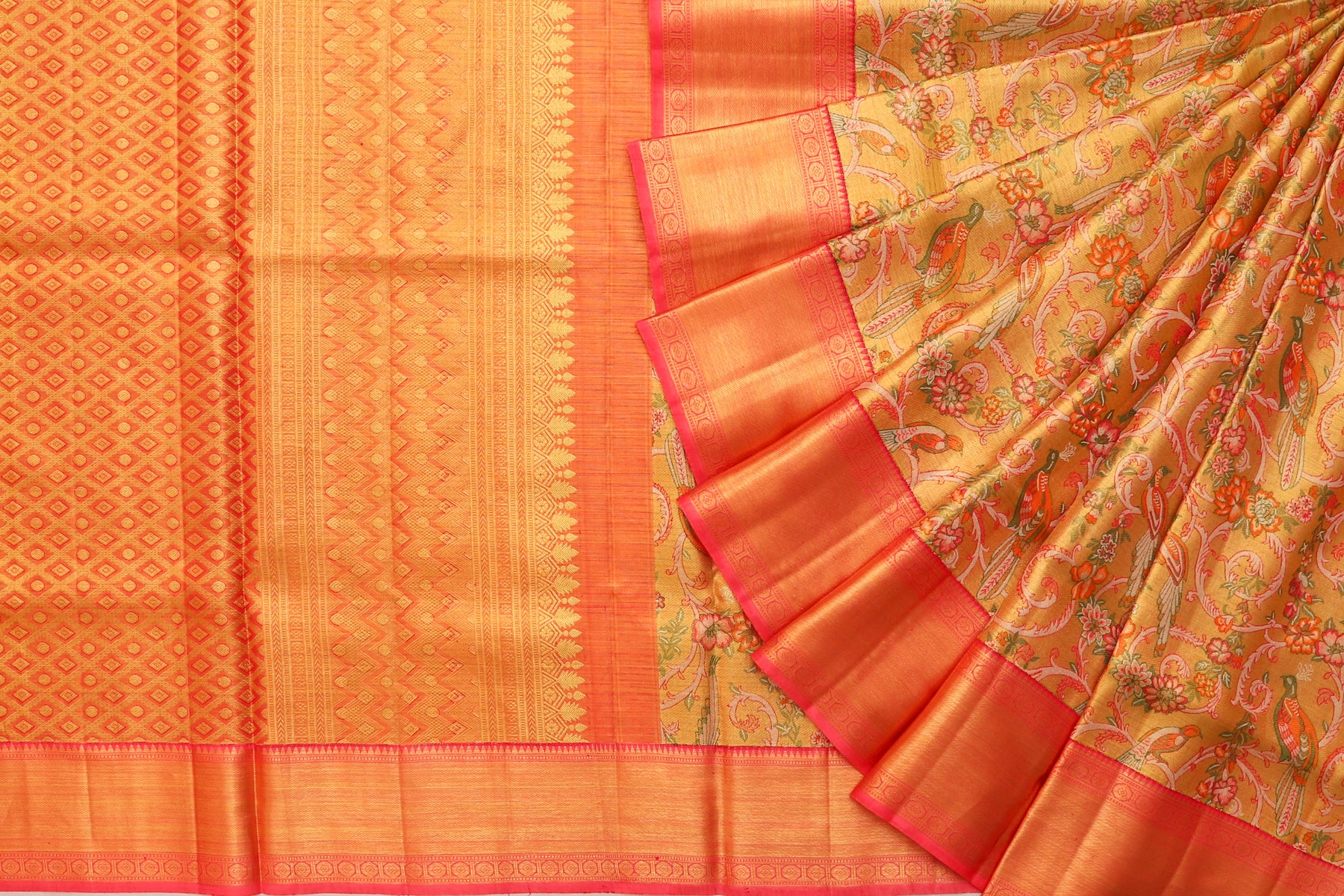 Kanchipuram Silk Tissue Jaal Gold Saree