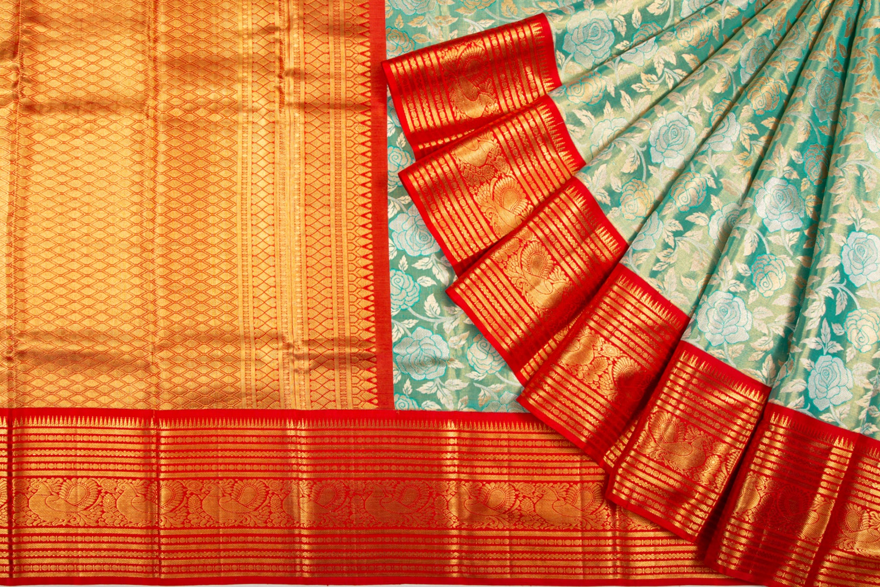 Kanchipuram Silk Tissue Jaal Green Saree