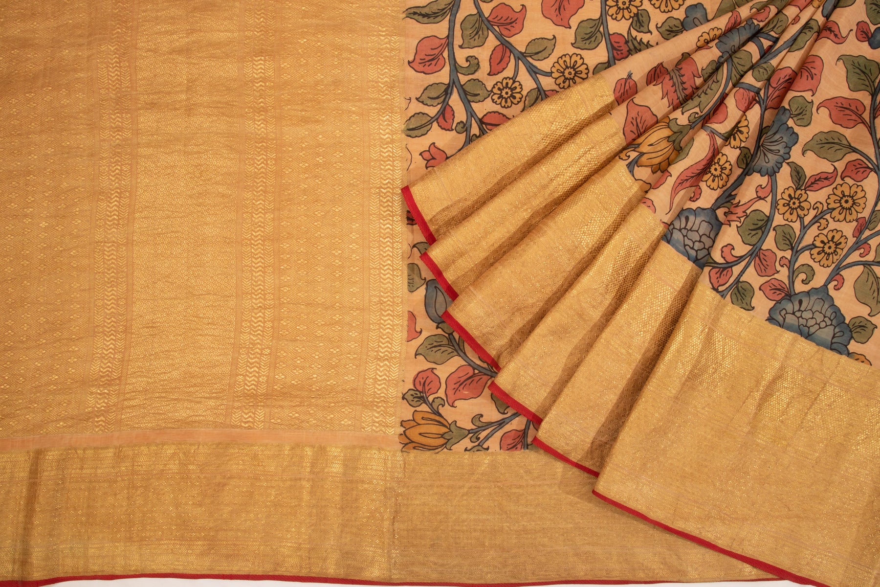 Kanchipuram Silk Kalamkari Jaal Sandalwood Cream Saree