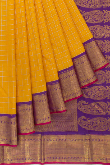 Kanchipuram Silk Checks And Butta Yellow Saree