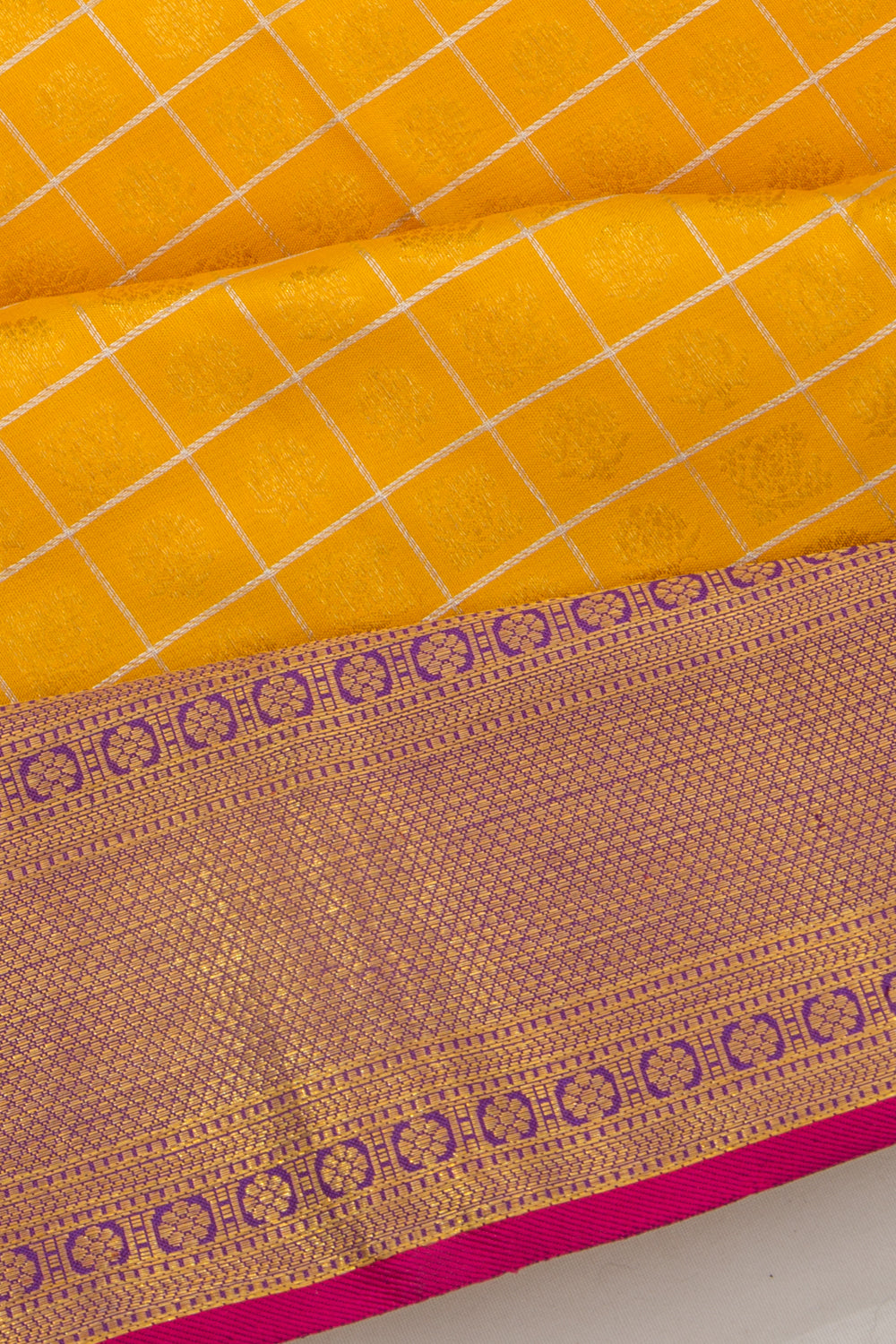 Kanchipuram Silk Checks And Butta Yellow Saree - DM