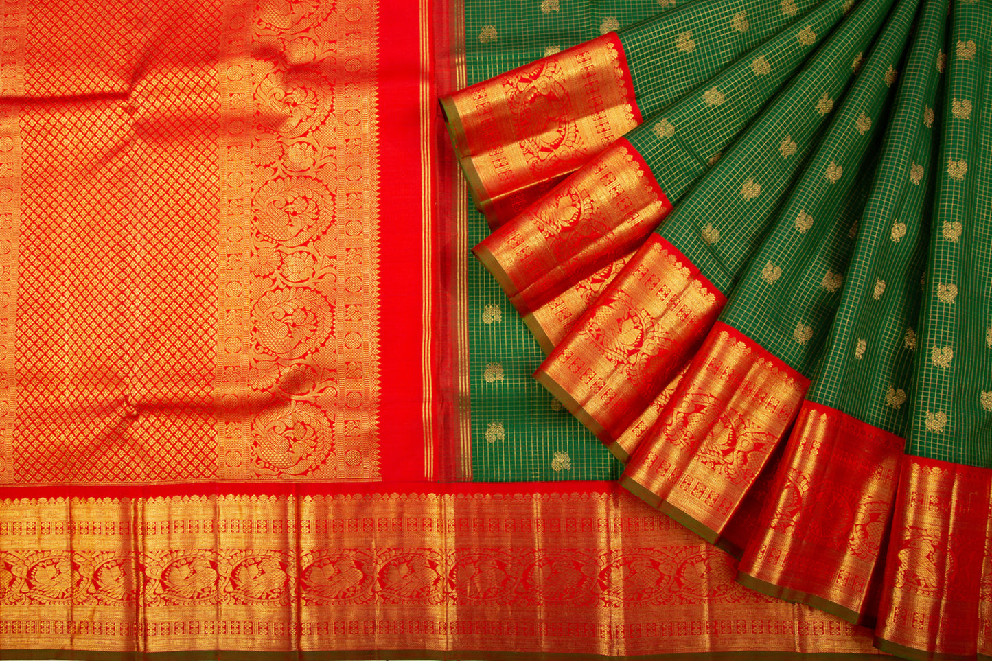Kanchipuram Silk Checks And Butta Green Saree