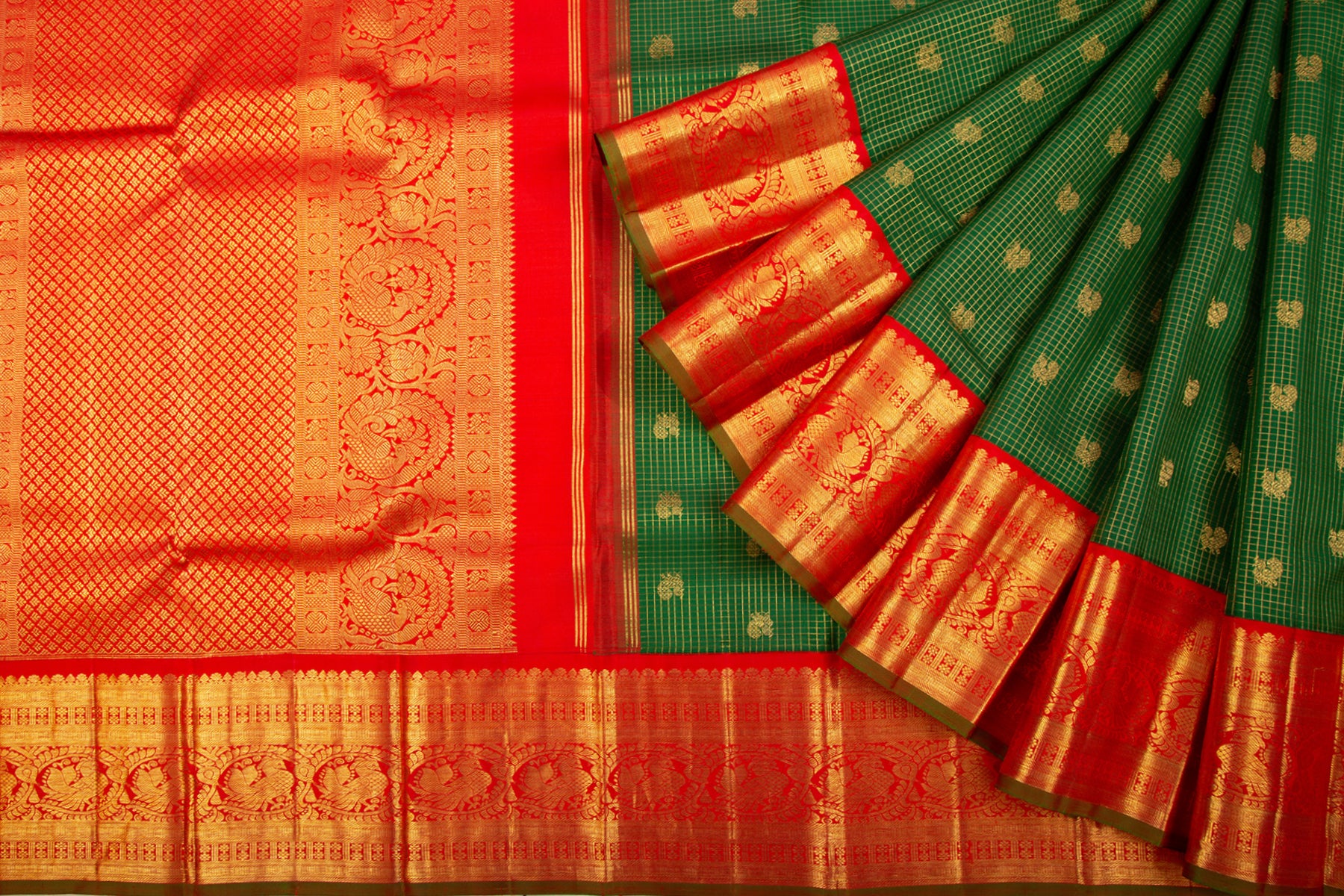 Kanchipuram Silk Checks And Butta Green Saree