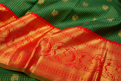 Kanchipuram Silk Checks And Butta Green Saree