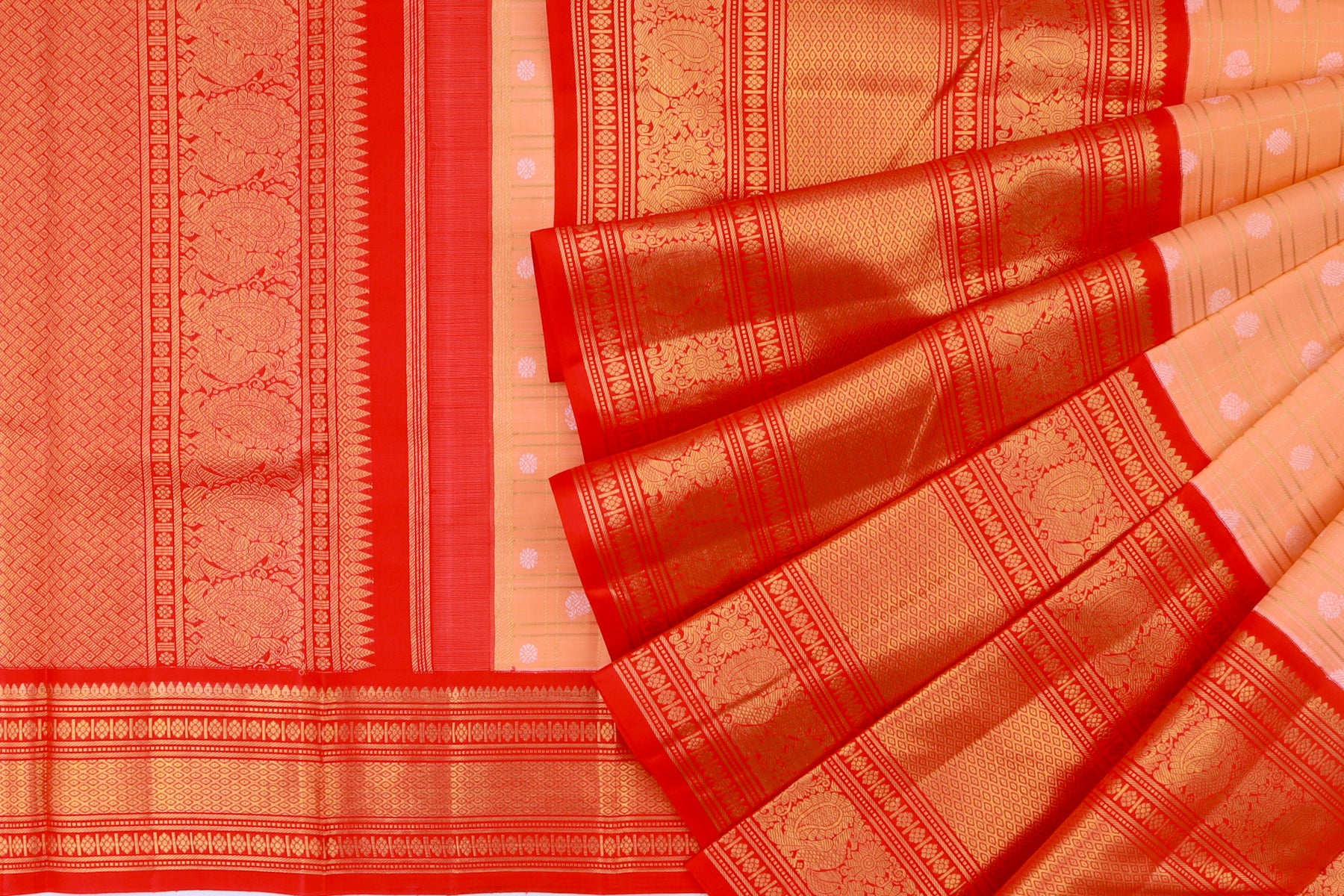 Kanchipuram Silk Checks And Butta Pastel Orange Saree