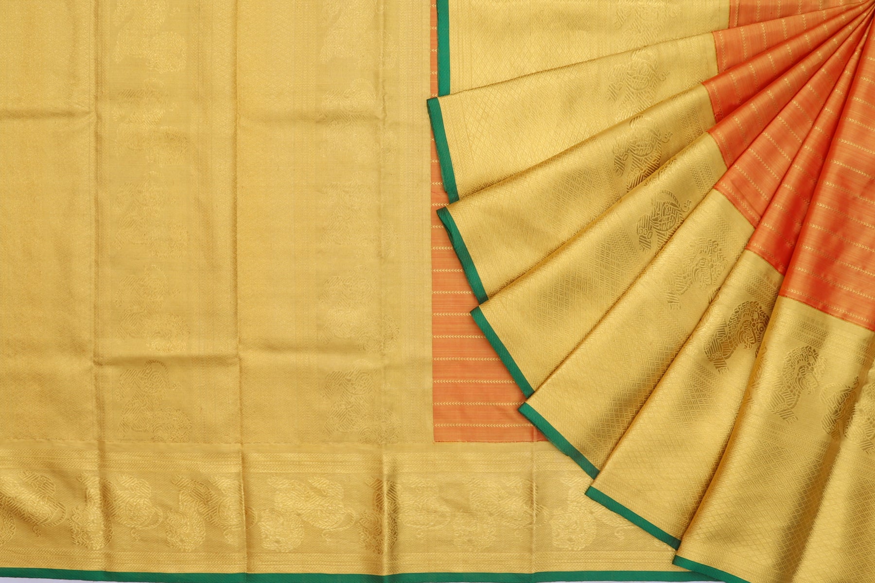 Kanchipuram Silk Tissue Horizontal Lines Orange Saree