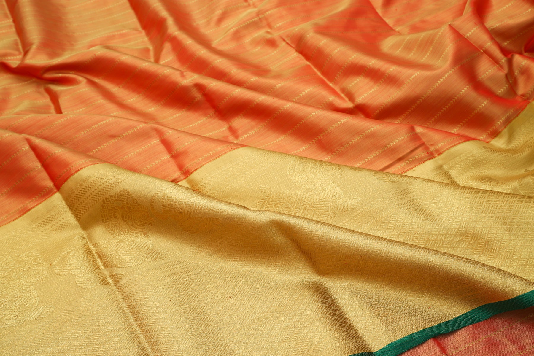 Kanchipuram Silk Tissue Horizontal Lines Orange Saree