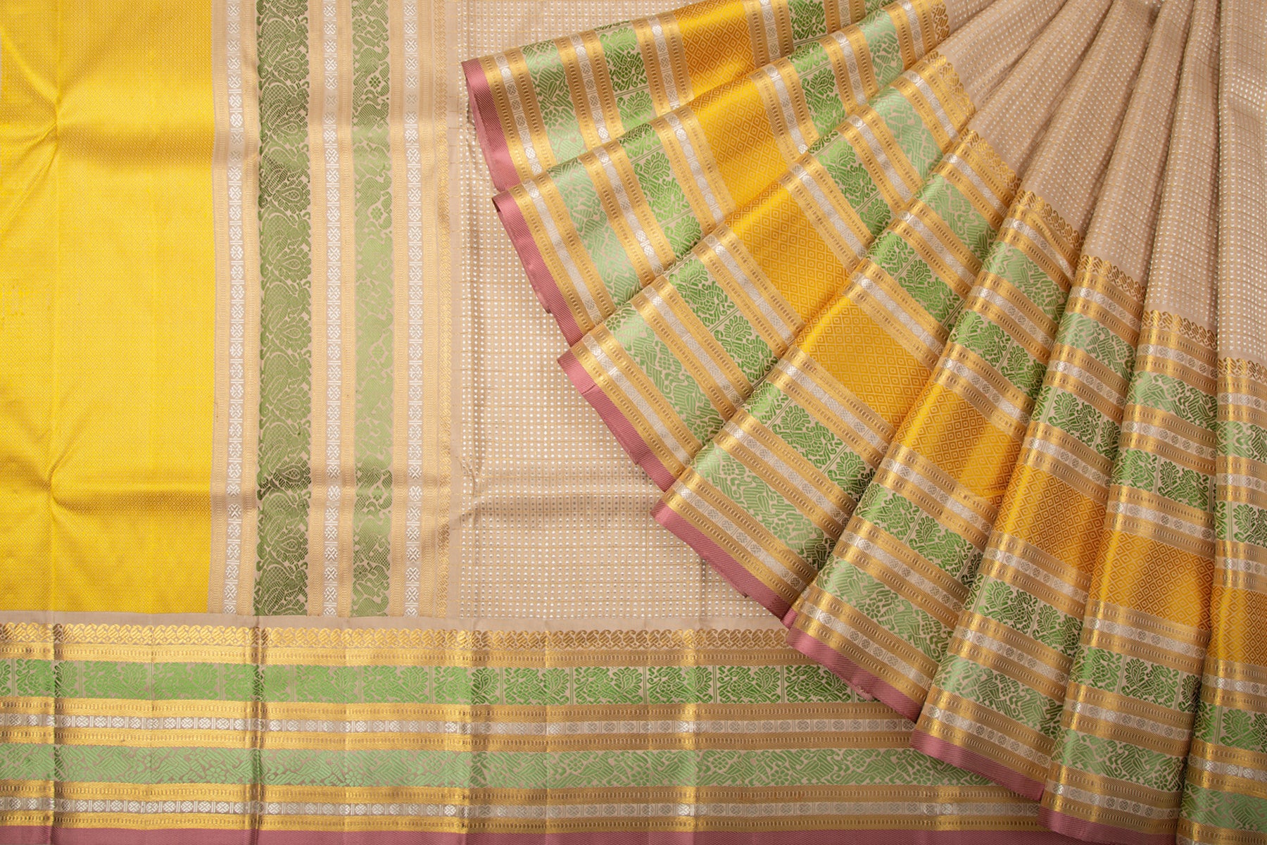 Kanchipuram Silk Checks And Butta Cream Saree