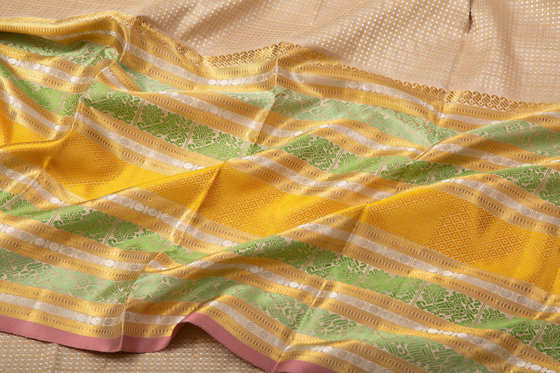 Kanchipuram Silk Checks And Butta Cream Saree