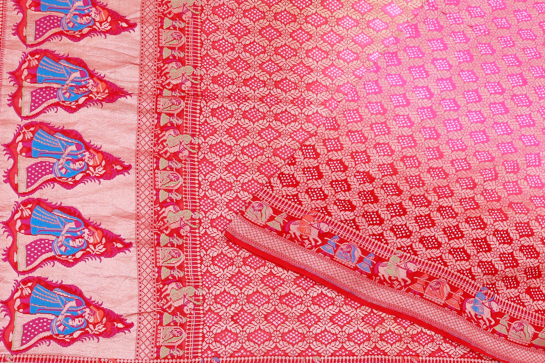 Banarasi Georgette Bandhani Jaal Pink And Red Saree