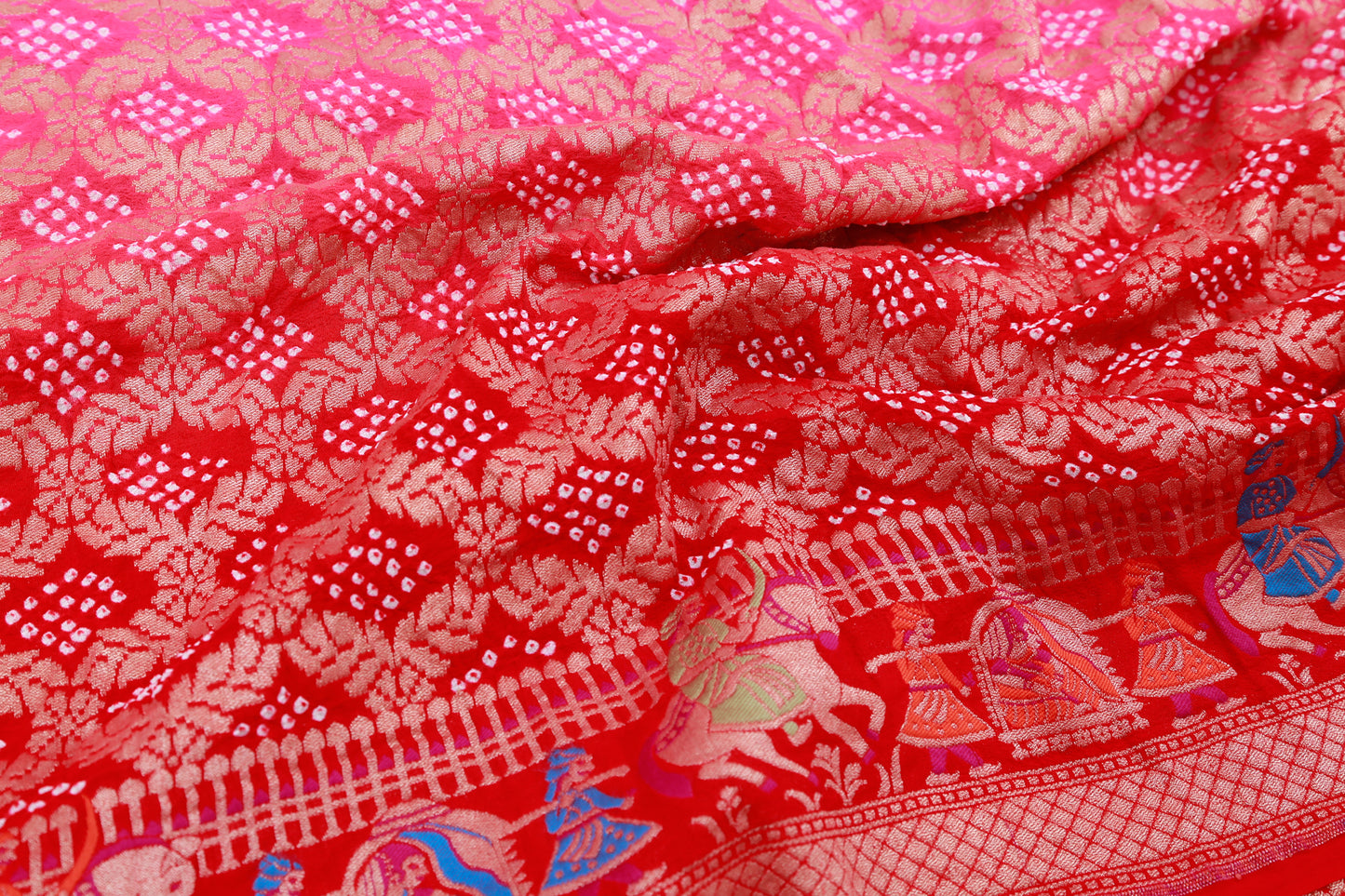 Banarasi Georgette Bandhani Jaal Pink And Red Saree