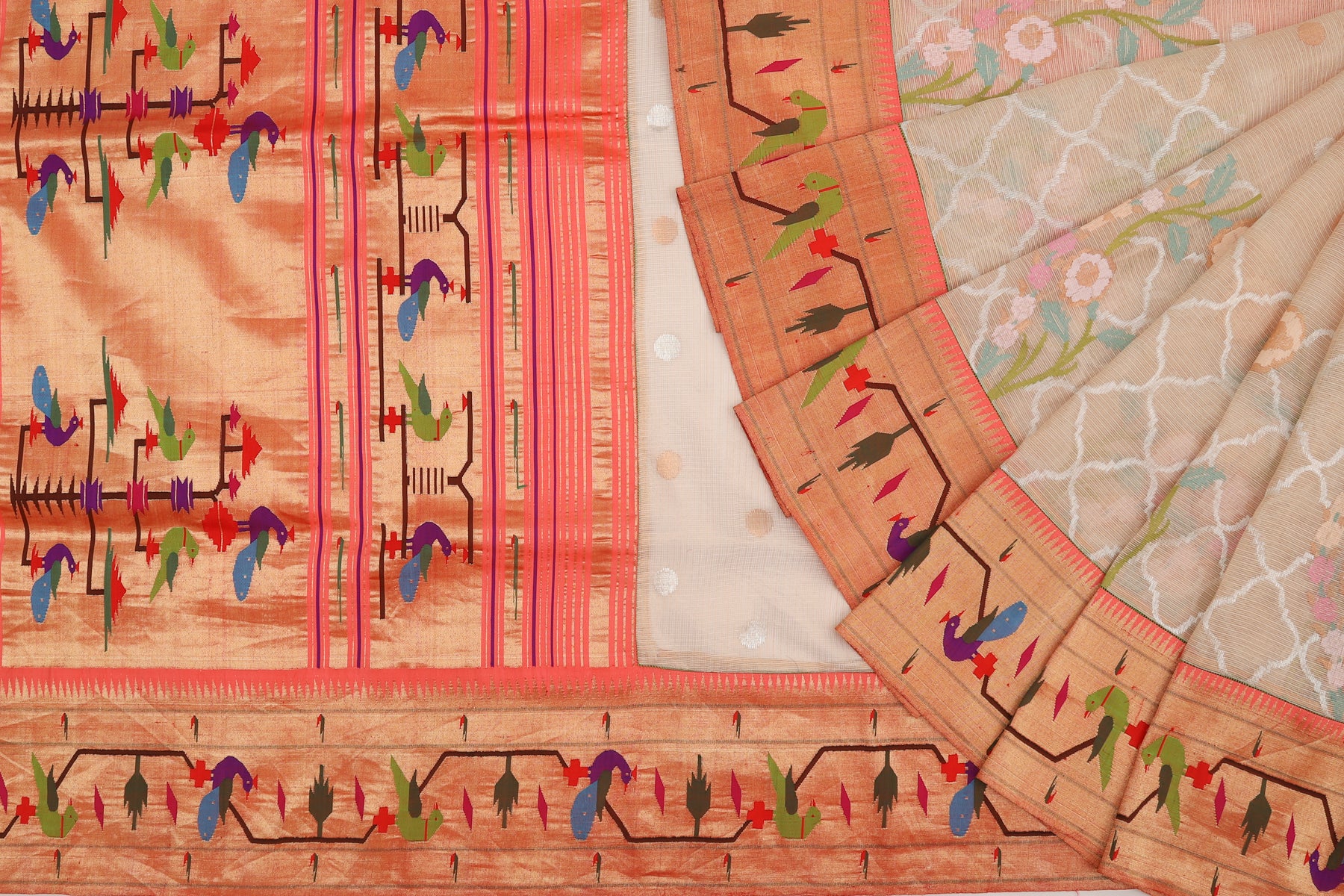 Kota Silk Tissue Jamdani Cream Saree With Akruthi Paithani border