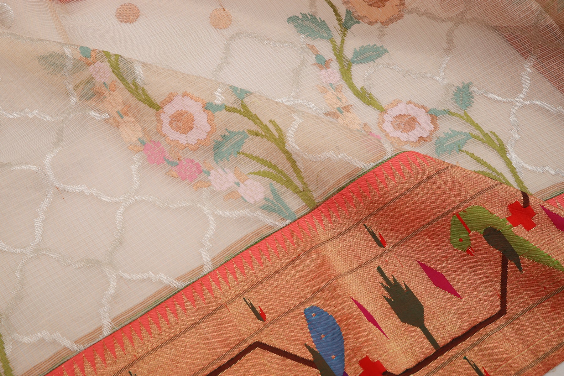 Kota Silk Tissue Jamdani Cream Saree With Akruthi Paithani border
