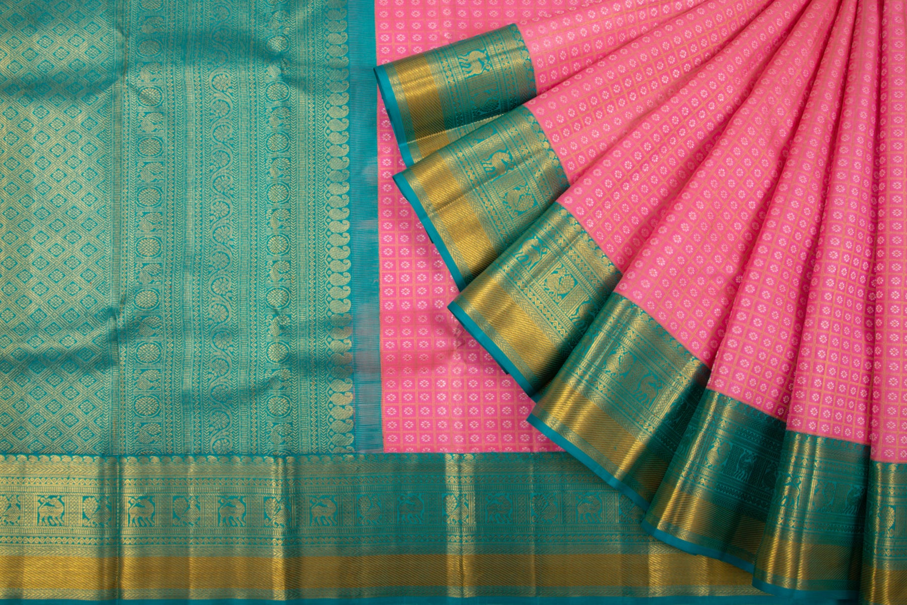Kanchipuram Silk Checks And Butta Pink Saree