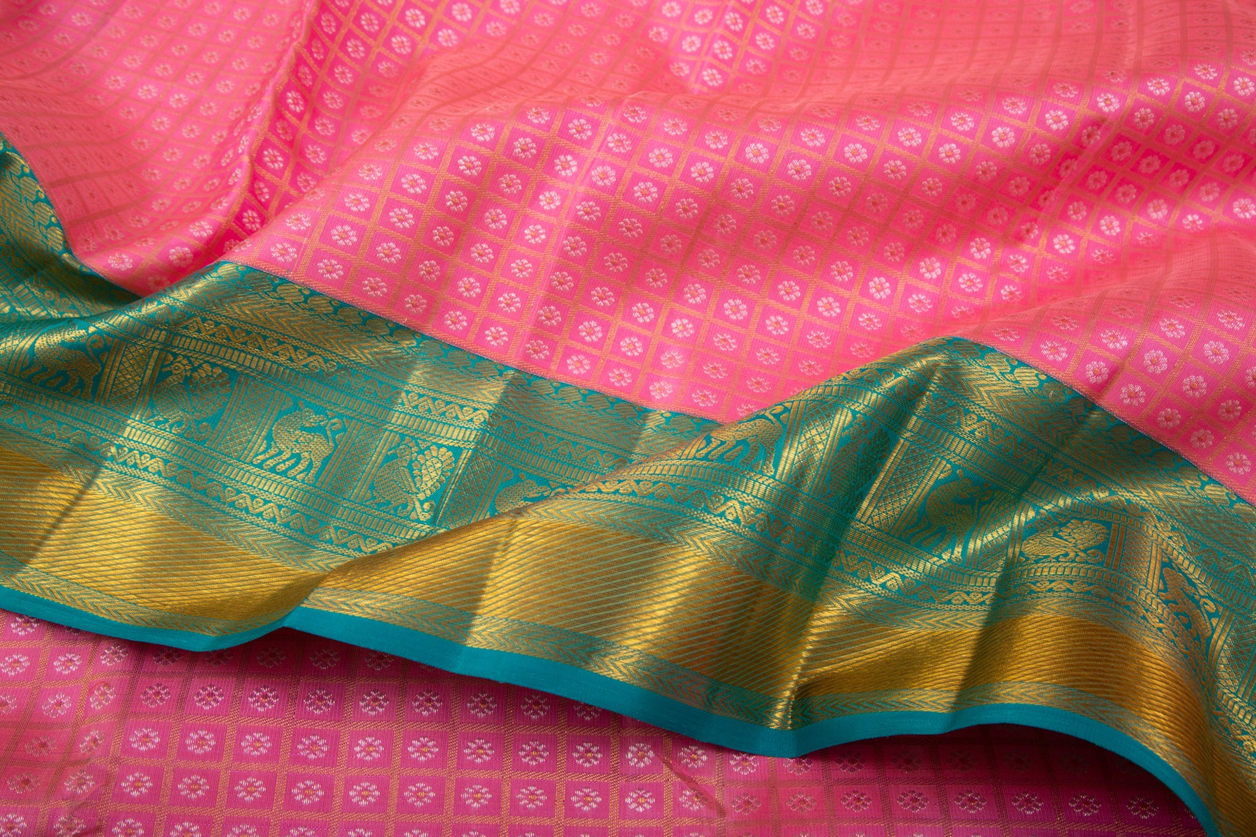 Kanchipuram Silk Checks And Butta Pink Saree