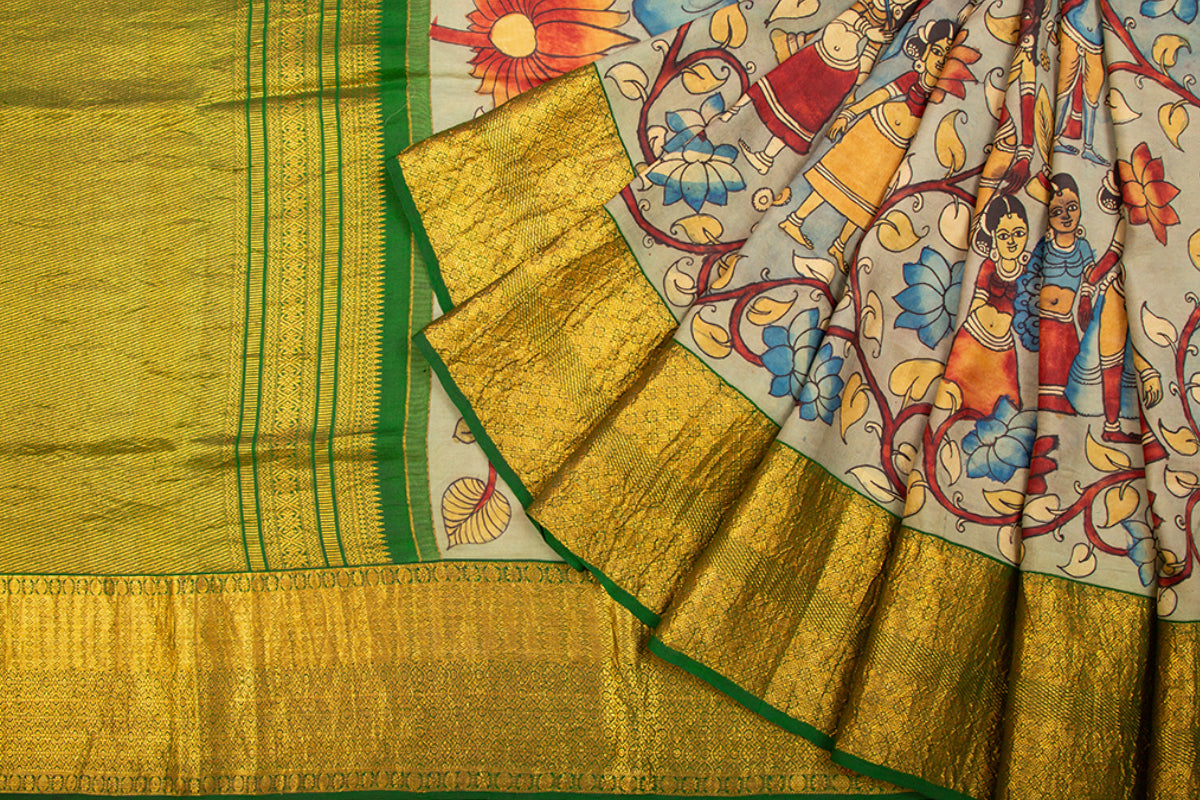 Kanchipuram Silk Kalamkari Hand Painted Pastel Green Saree