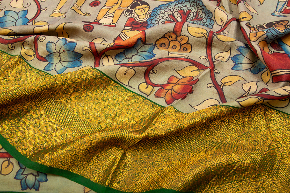 Kanchipuram Silk Kalamkari Hand Painted Pastel Green Saree